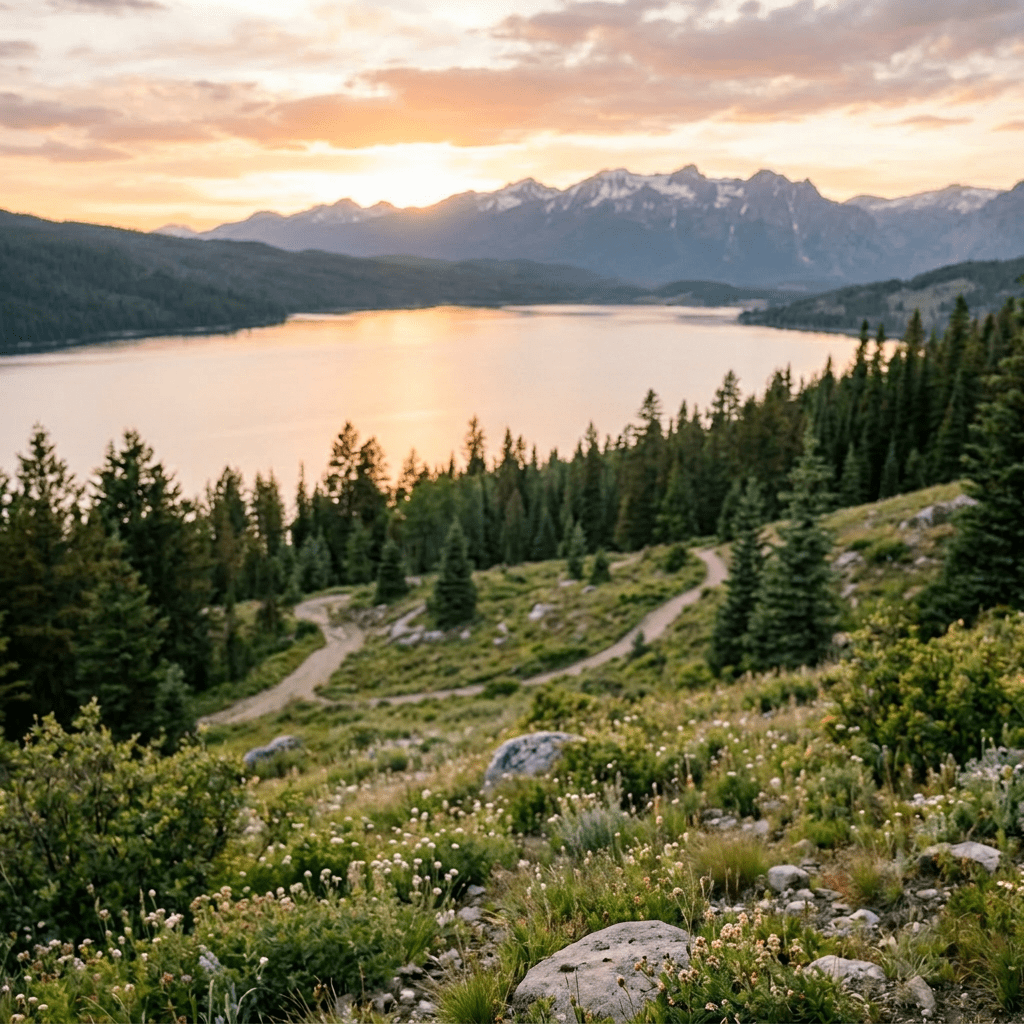 Couple standing and smiling with a lake and mountains at sunset in the background